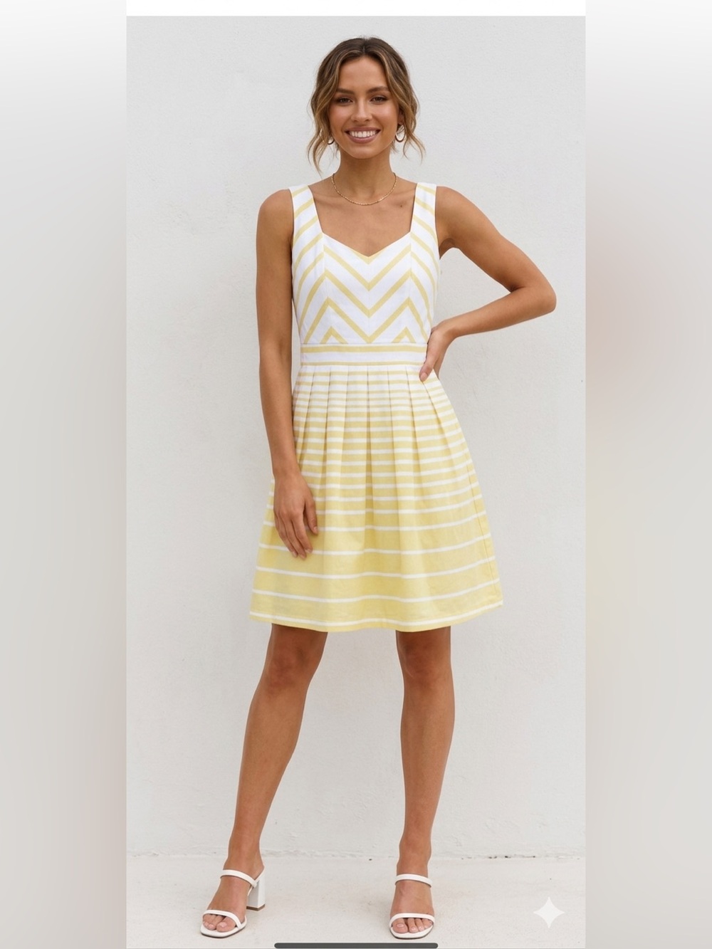 Max and Cleo Yellow White Striped Sleeveless Fit and Flare Dress Size 8